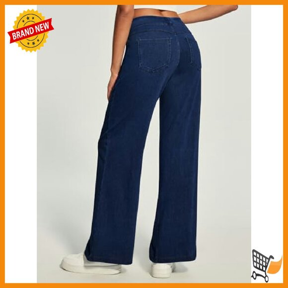 High Waist Wide Leg Pull On Jeans Stretchy Denim Pants Straight Leg - Picture 3 of 7